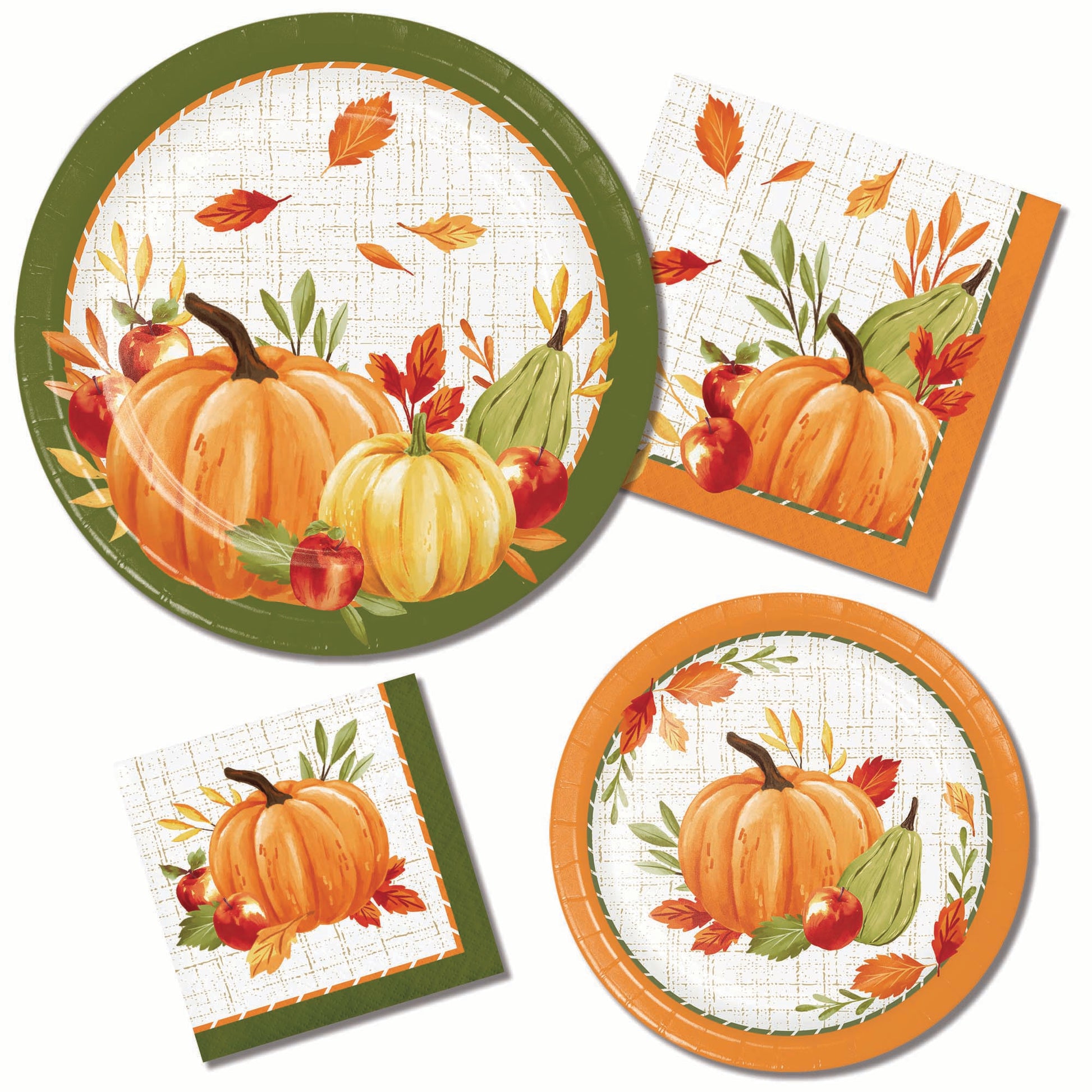 A coordinated fall harvest party tableware set including paper plates and paper napkins, all printed with orange pumpkins, apples, gourds, and leaves.