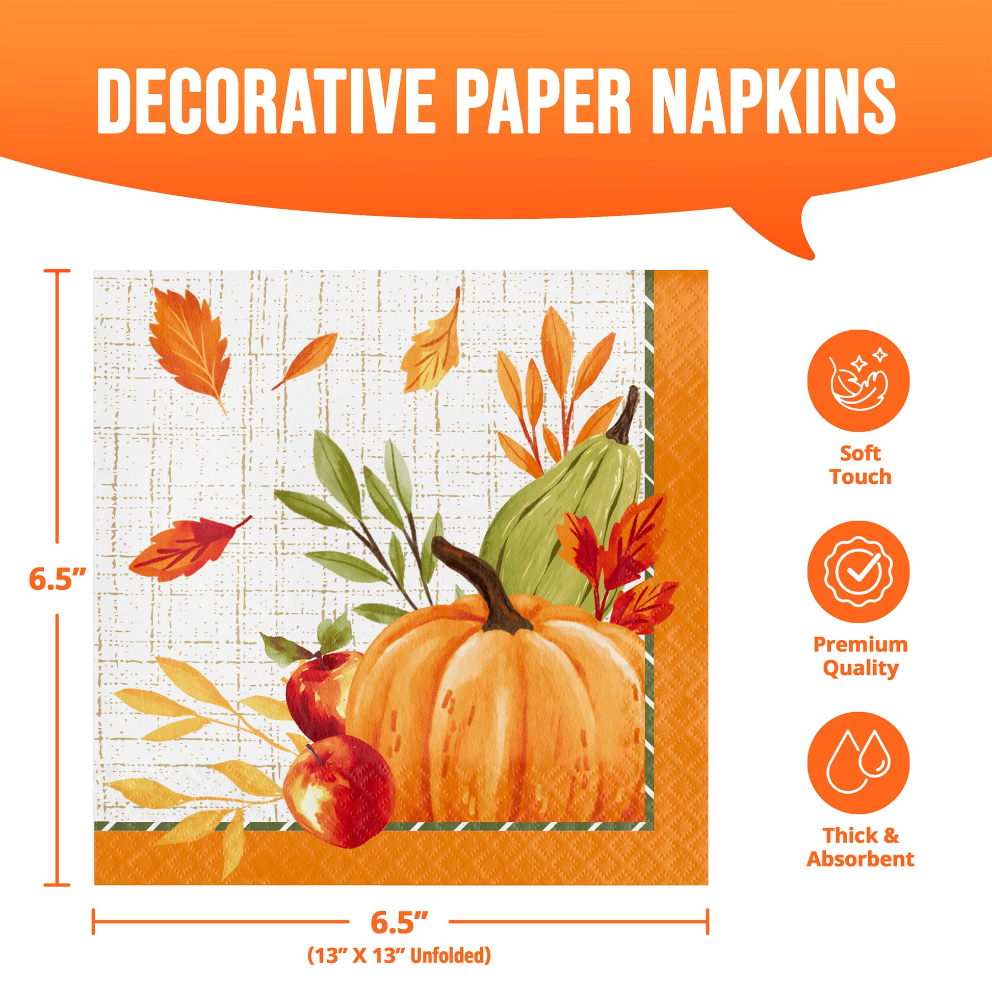 Decorative paper napkins with a fall harvest design, featuring a pumpkin, acorns, leaves, and a green gourd on an orange and cream background. Dimensions of 6.5" x 6.5" shown.
