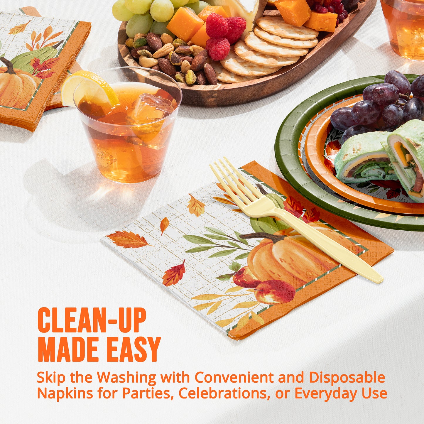 A set of disposable napkins with a fall harvest theme, featuring illustrations of pumpkins, leaves, and a rustic wood background. "Clean-Up Made Easy" is featured at the bottom of the image.