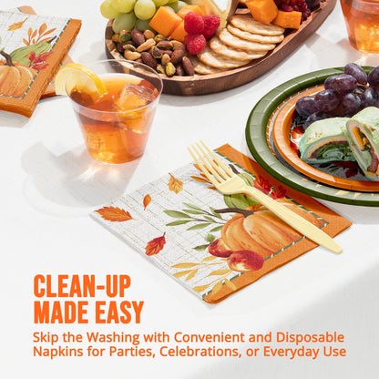 A set of disposable napkins with a fall harvest theme, featuring illustrations of pumpkins, leaves, and a rustic wood background. "Clean-Up Made Easy" is featured at the bottom of the image.