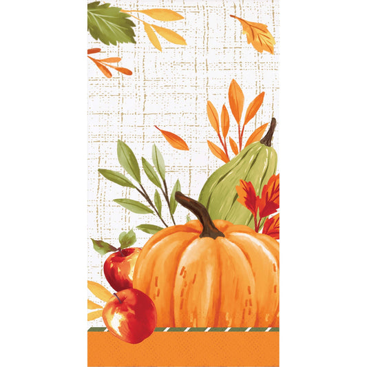 Fall dinner napkin featuring a large orange pumpkin, red apples, a green gourd, and autumn leaves on a white textured background with an orange band at the bottom.