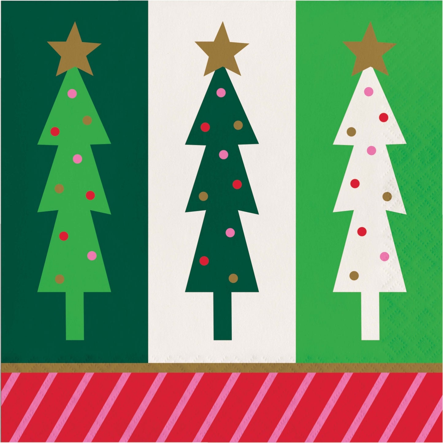 Napkin with three Christmas tree illustrations on vertical green, white, and green panels, with gold stars on top and multicolored ornaments. A red and pink striped border runs along the bottom.