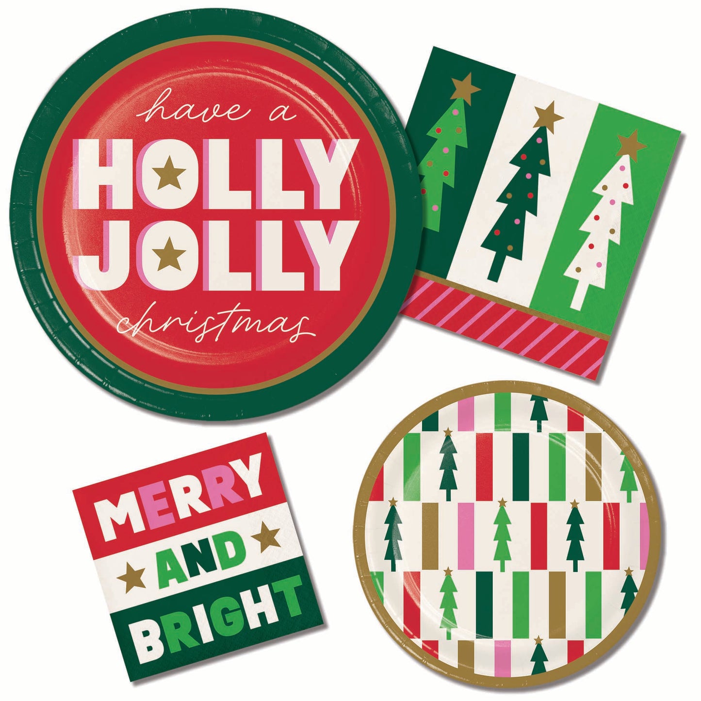 Set of Christmas-themed party tableware, including a round paper plate that reads 'have a HOLLY JOLLY christmas,' a square napkin with tree illustrations, a square paper plate reading 'MERRY AND BRIGHT,' and a round paper plate with multicolored small Christmas trees.