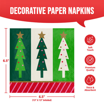 Decorative paper napkins with a Christmas tree pattern, shown with dimensions and feature icons on a white background.
