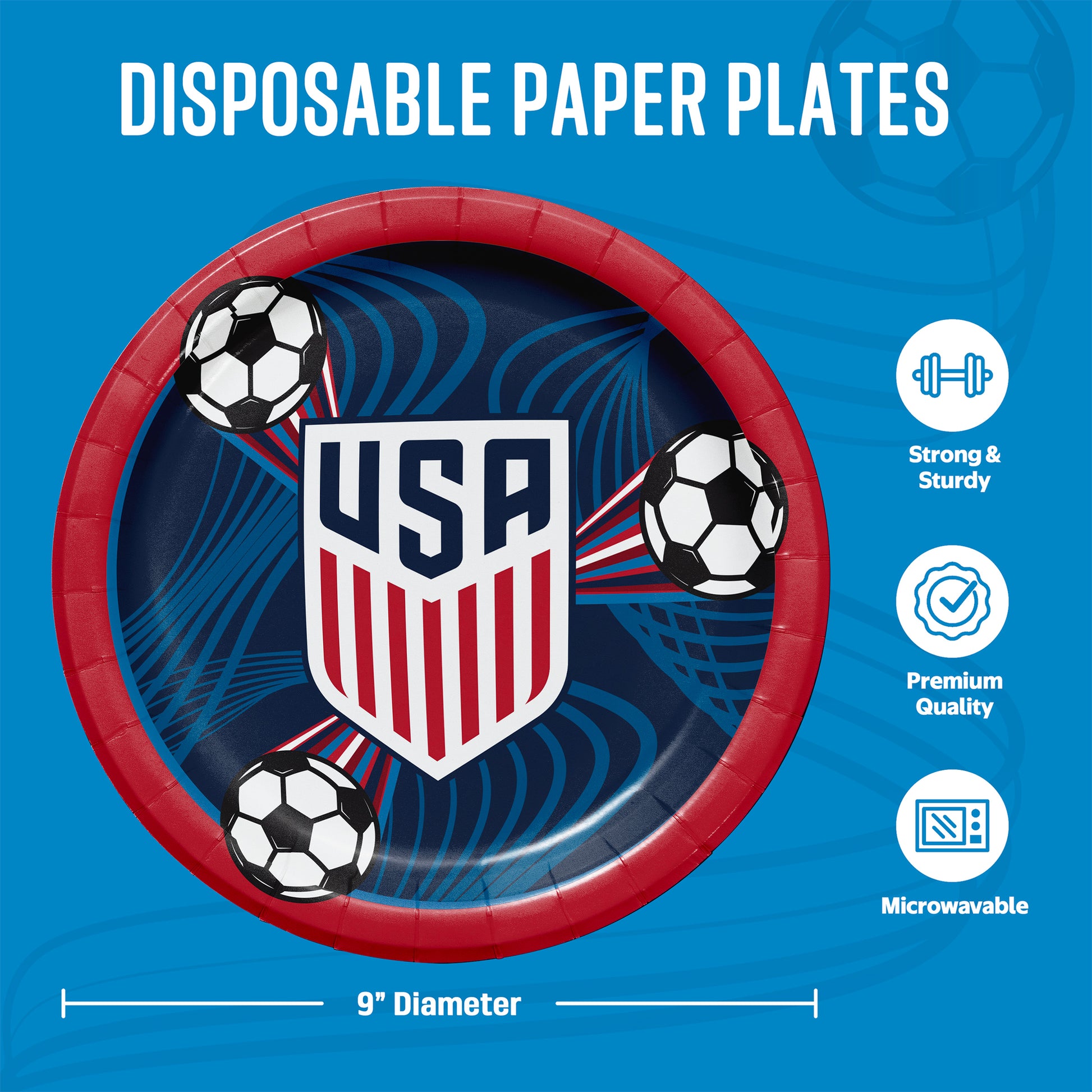 Disposable paper plate with USA logo and soccer balls on a blue background. Measurements included.