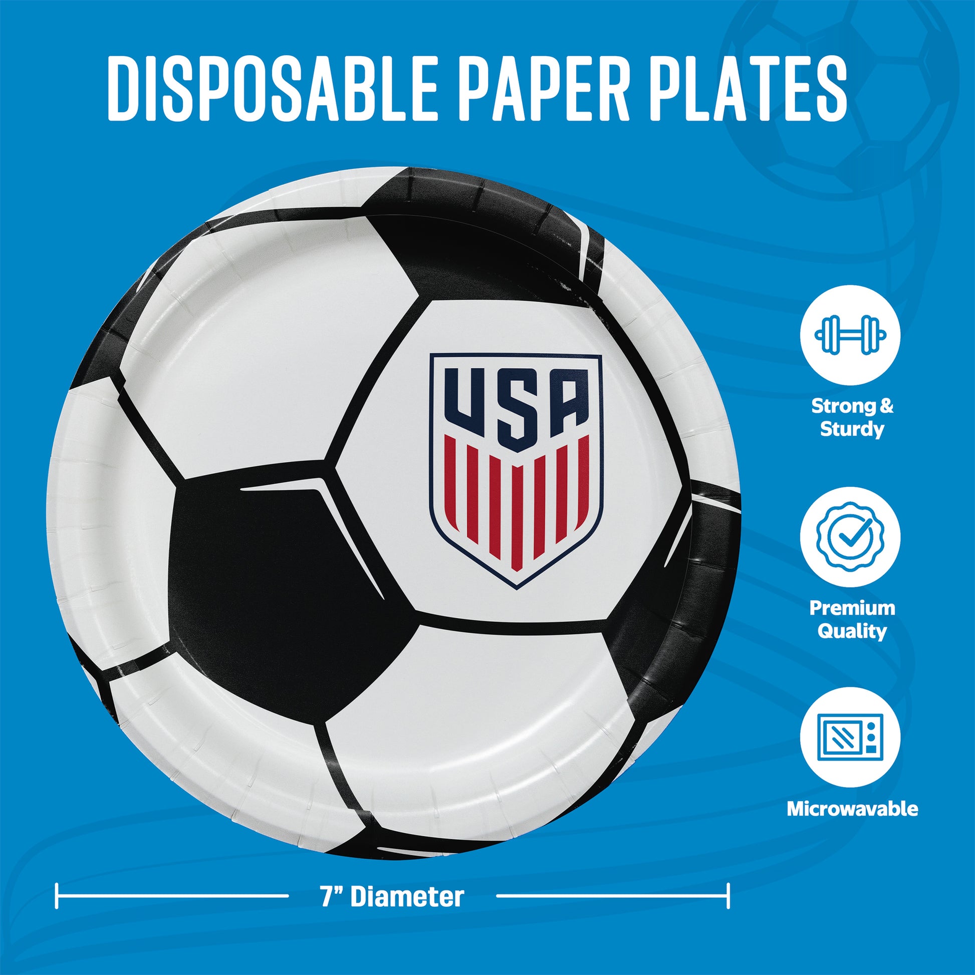 Disposable paper plate designed like a soccer ball with USA logo on a blue background. Measurements and infographics included.
