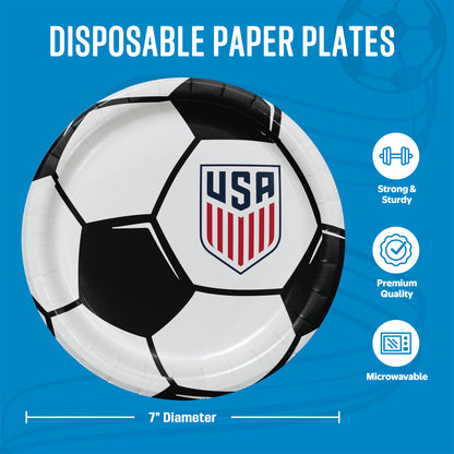 Disposable paper plate designed like a soccer ball with USA logo on a blue background. Measurements and infographics included.