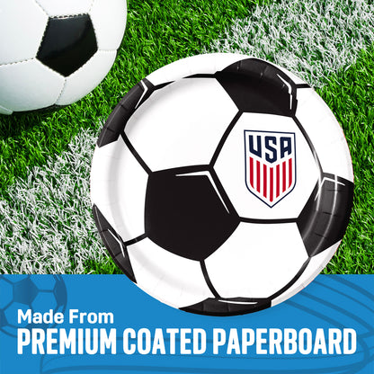 Soccer ball paper plate with USA logo on grass, text 'Made From Premium Coated Paperboard' below.