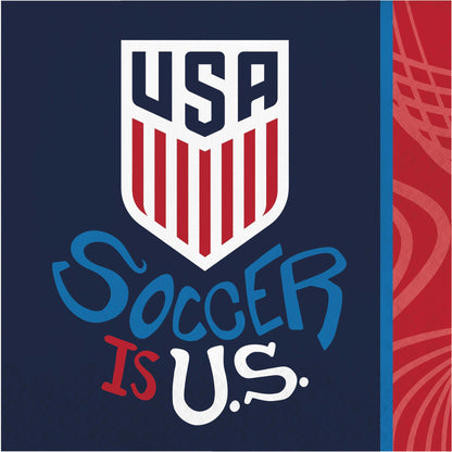 Napkin featuring USA Soccer logo with 'Soccer is U.S.' text on a blue background