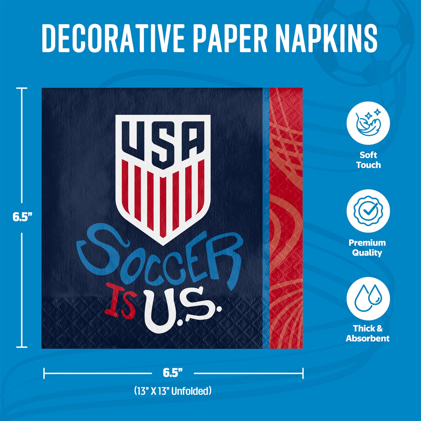 Decorative paper napkins with USA soccer design on a blue background with measurements included