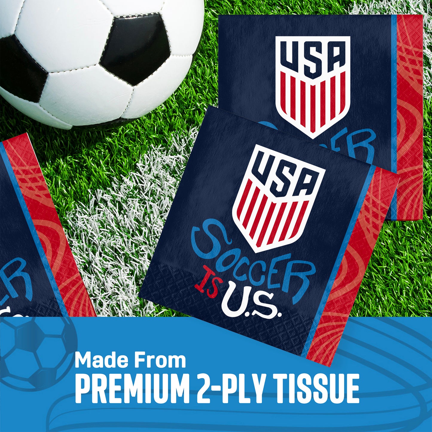 USA soccer-themed napkins on grass with a soccer ball and 'Made from premium 2-ply tissue' text