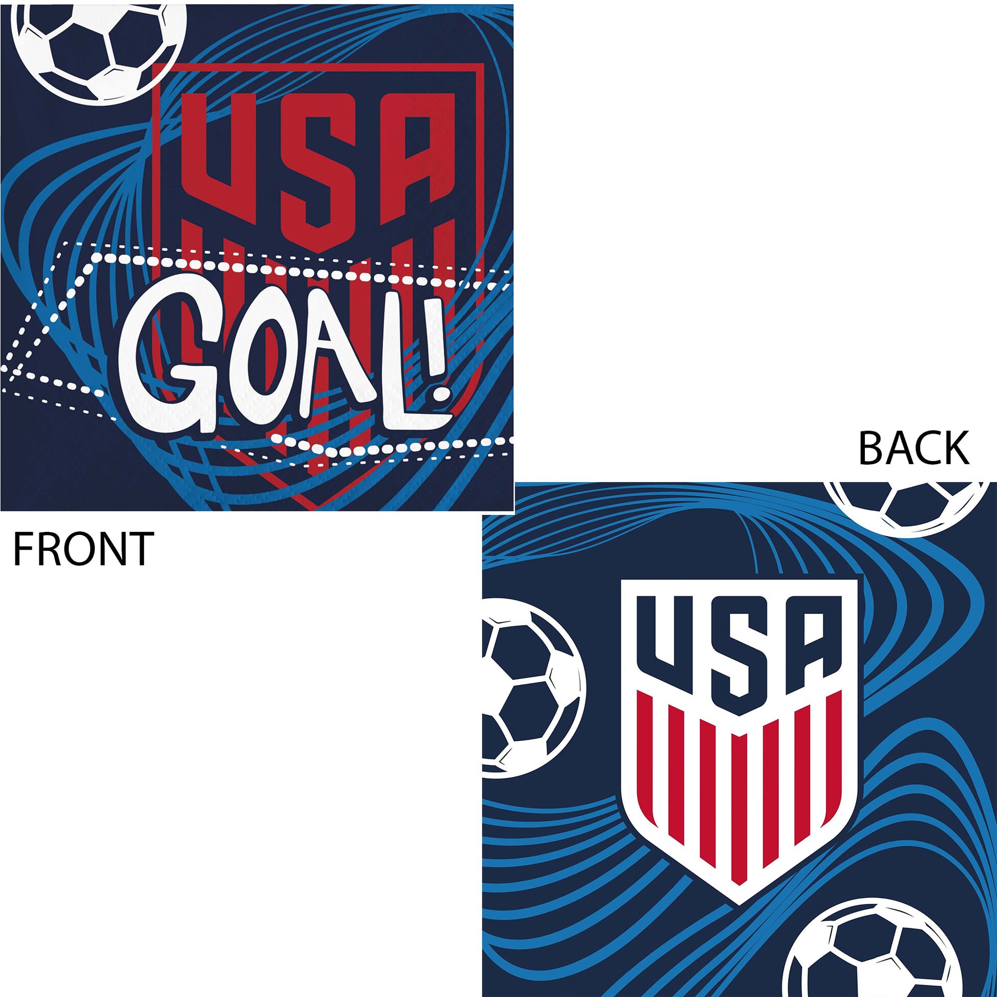 Soccer-themed napkin with 'USA Goal!' text on front and USA logo on back, featuring blue, red, and white colors.