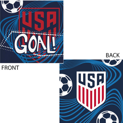 Soccer-themed napkin with 'USA Goal!' text on front and USA logo on back, featuring blue, red, and white colors.
