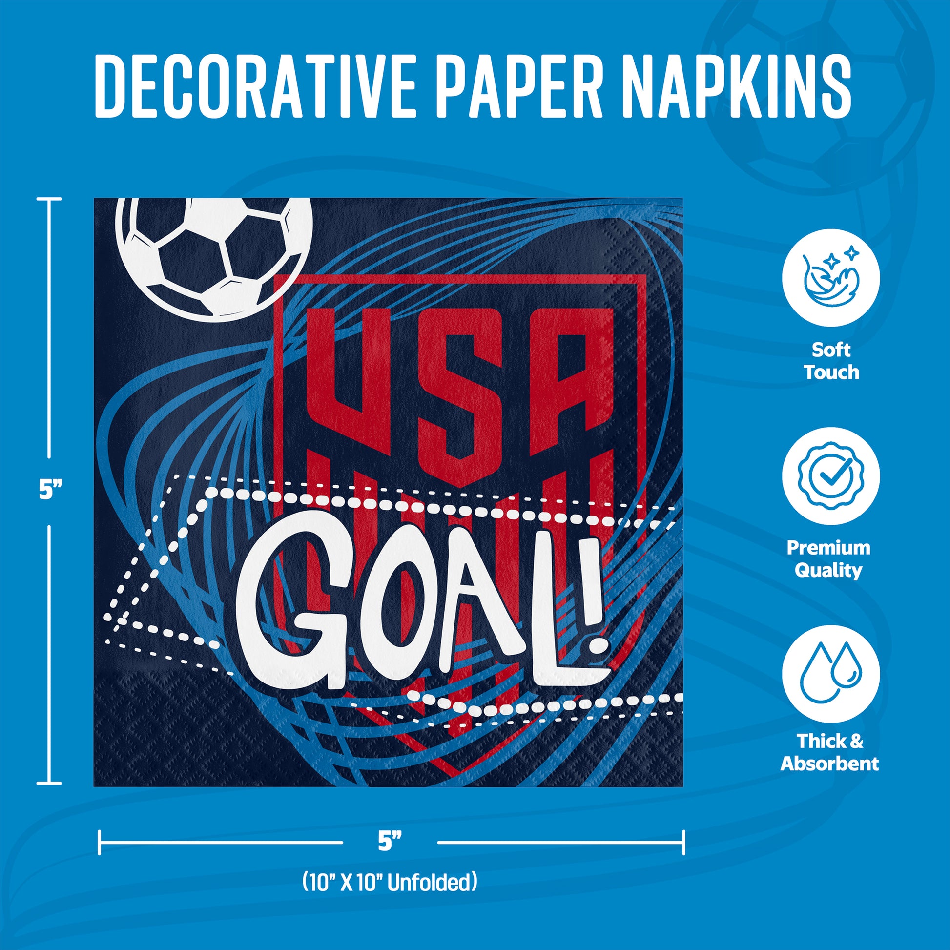 Decorative paper napkins with soccer design and text on a blue background