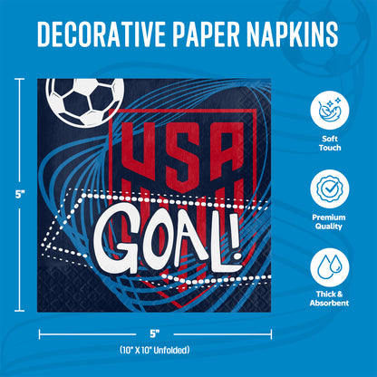 Decorative paper napkins with soccer design and text on a blue background