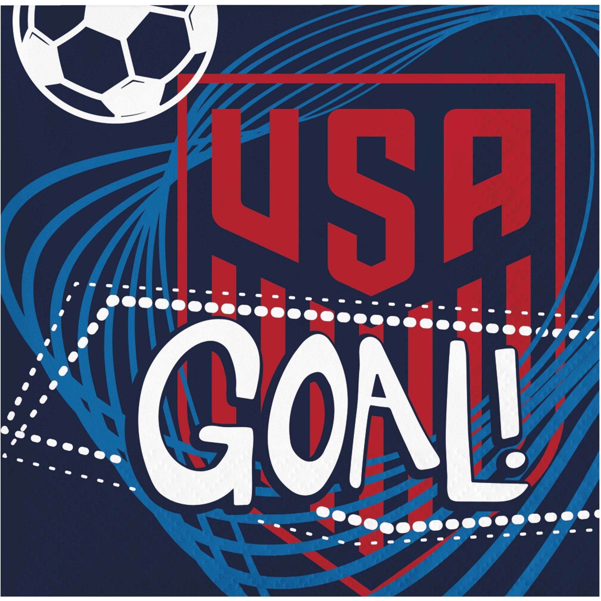 Soccer-themed napkins with 'USA Goal!' text and soccer ball design on a blue background.