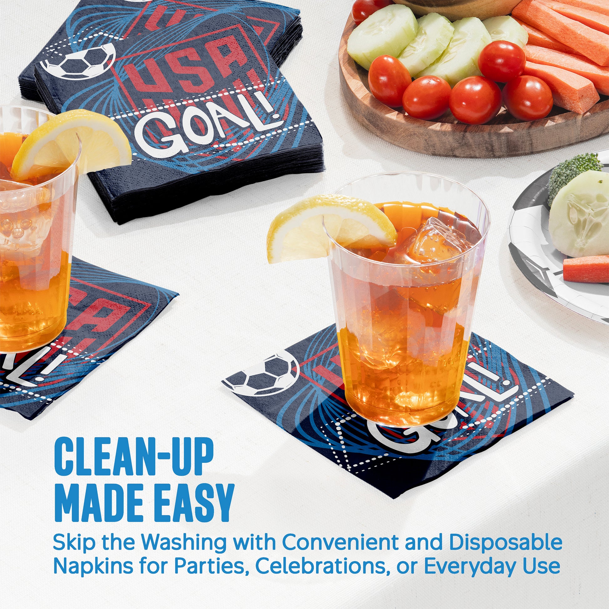 Disposable napkins with 'USA Goal' design on a table with drinks and snacks.