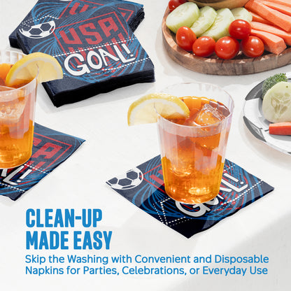 Disposable napkins with 'USA Goal' design on a table with drinks and snacks.