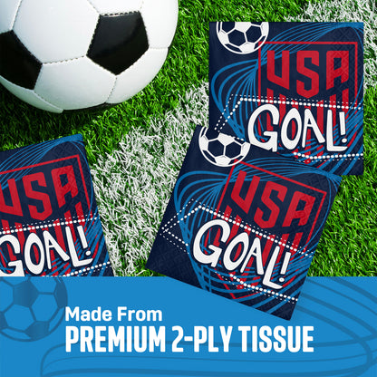 Soccer-themed tissues with 'USA Goal!' text on grass with a soccer ball.