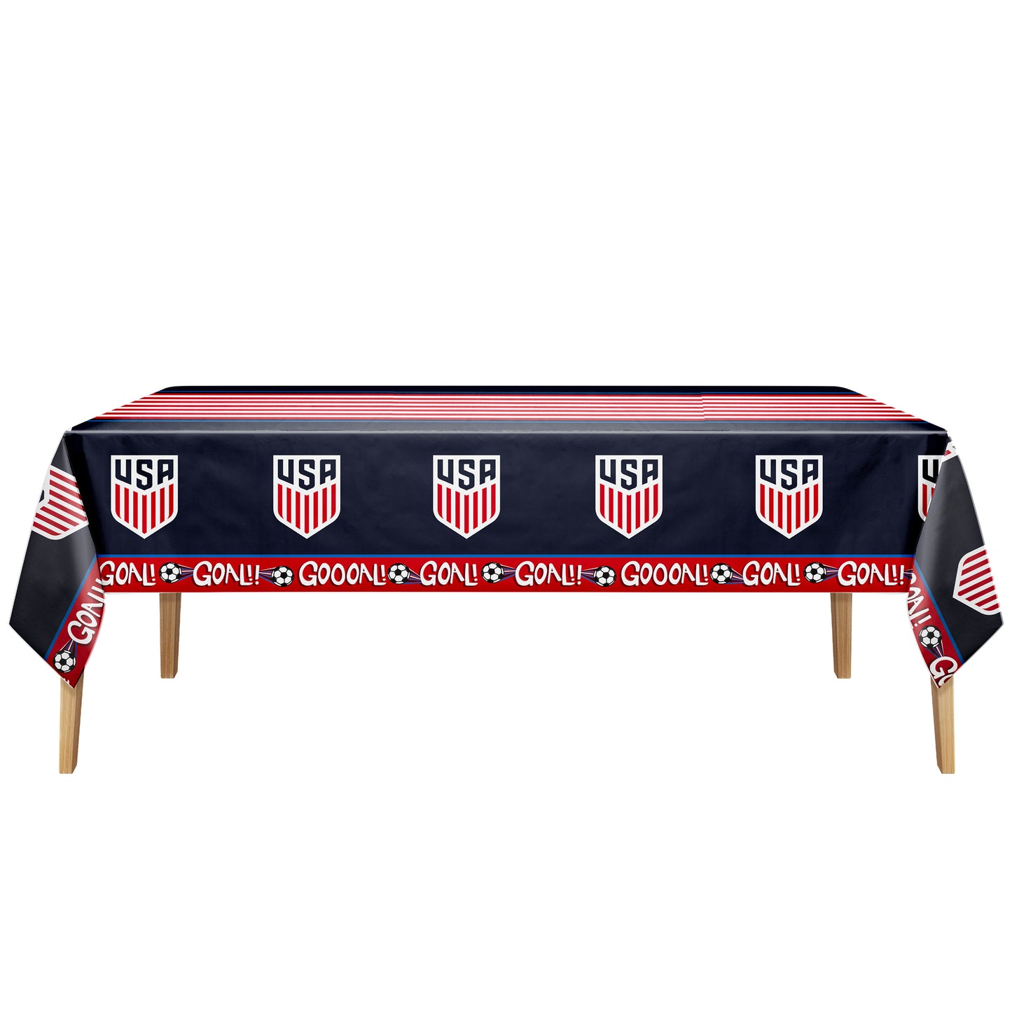 Tablecloth on a wooden table with USA sports team logo and 'GOAL!' text on a white background