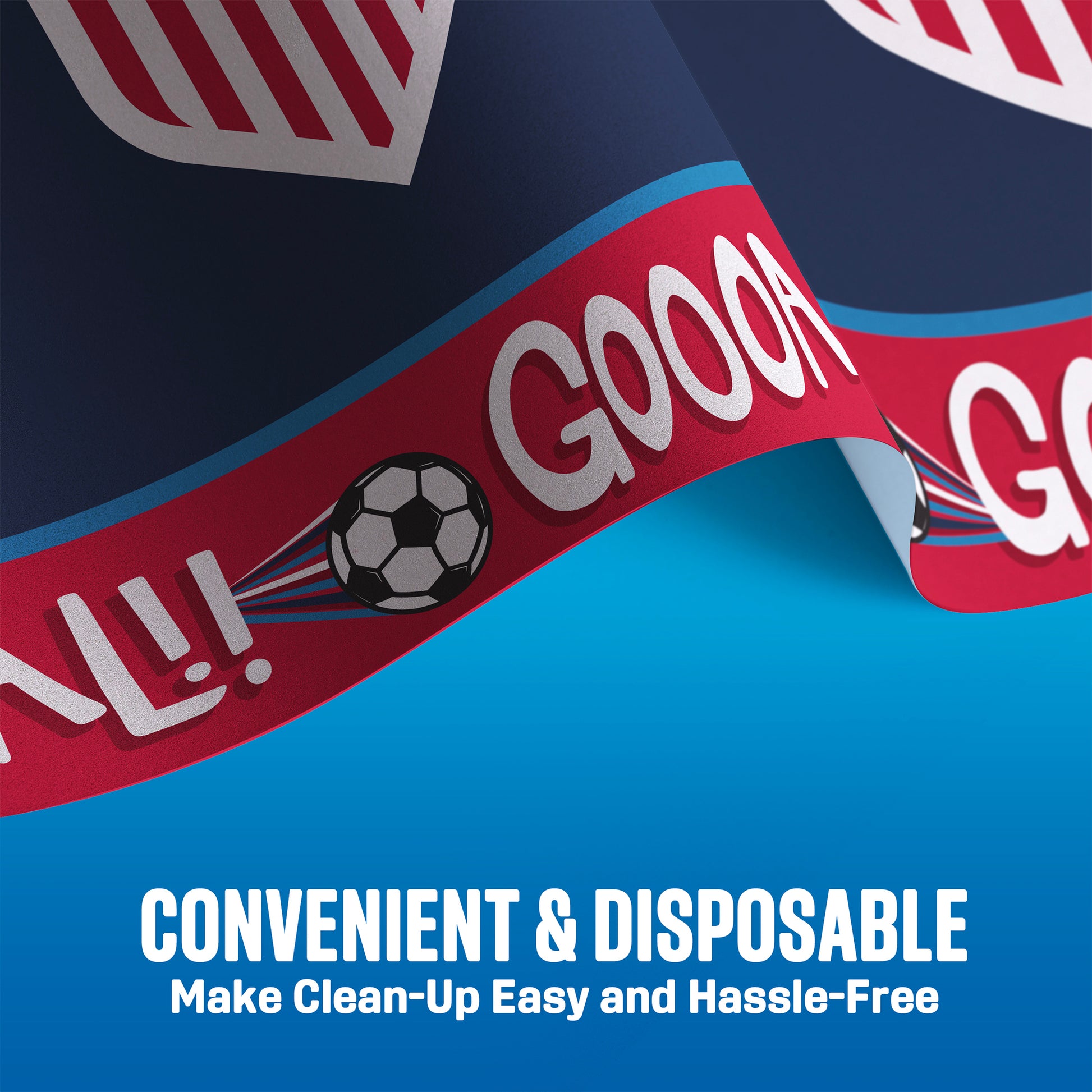 Disposable plastic tablecloth with soccer ball graphic and 'GOOOAL!' text on a blue background.