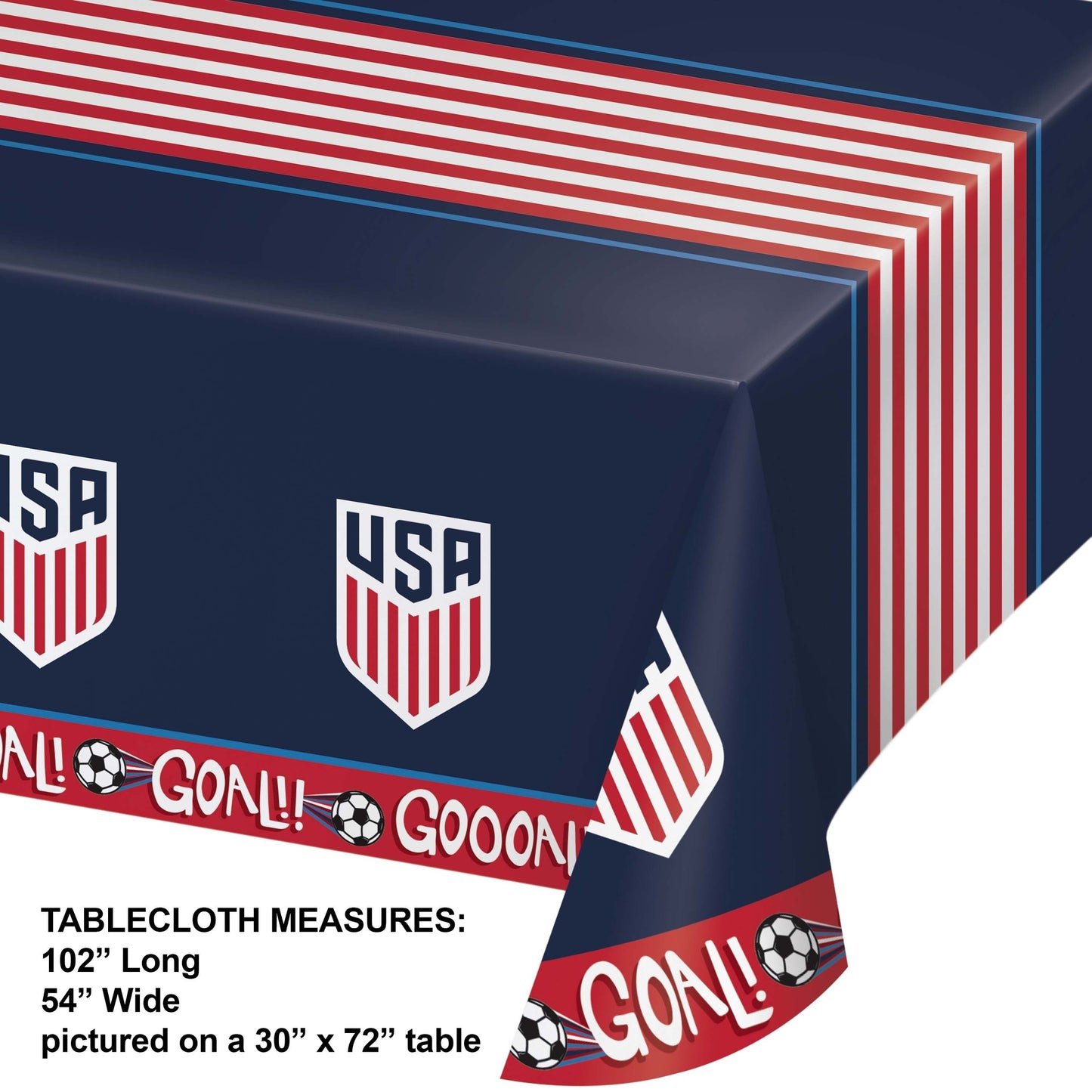 Tablecloth with USA logo and 'GOAL!' text on a white background