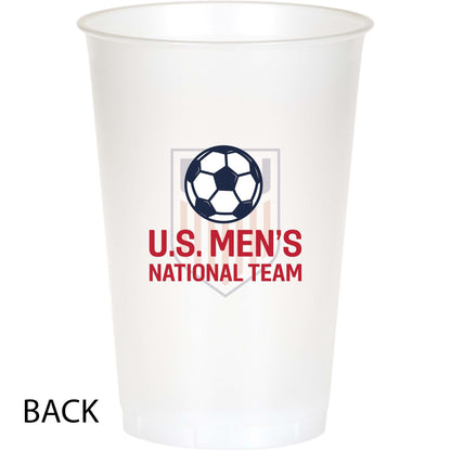 Clear plastic cup with U.S. Men's National Team logo on a white background