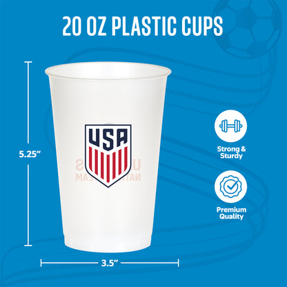 20 oz plastic cup with USA logo, infographic, and measurements on a blue background
