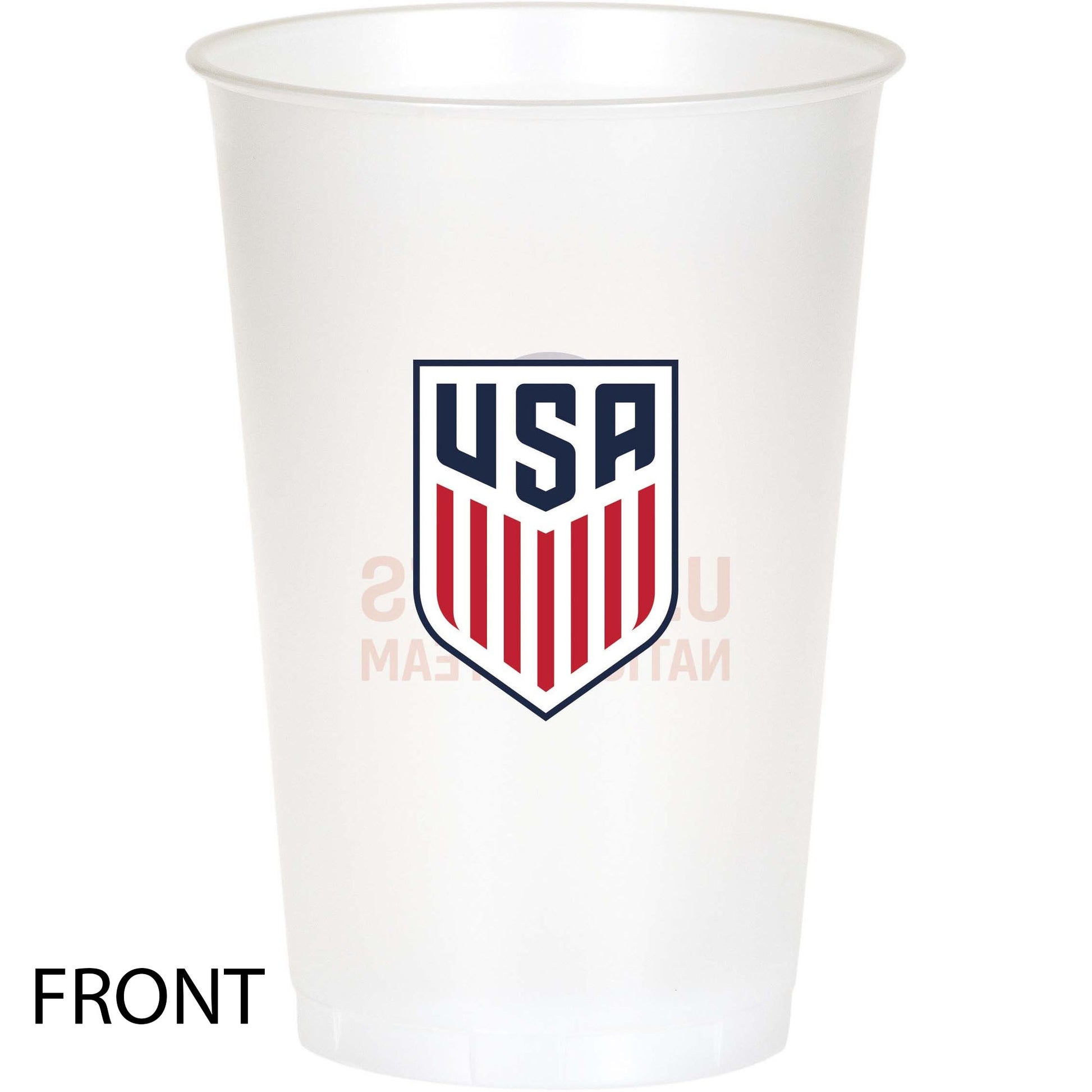 Clear plastic cup with USA logo on a white background