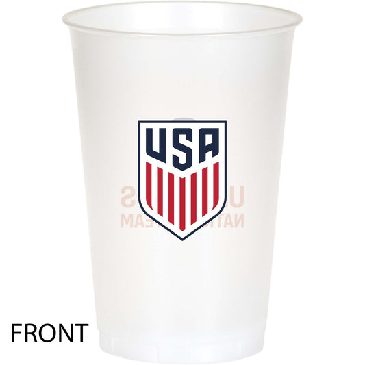 Clear plastic cup with USA logo on a white background
