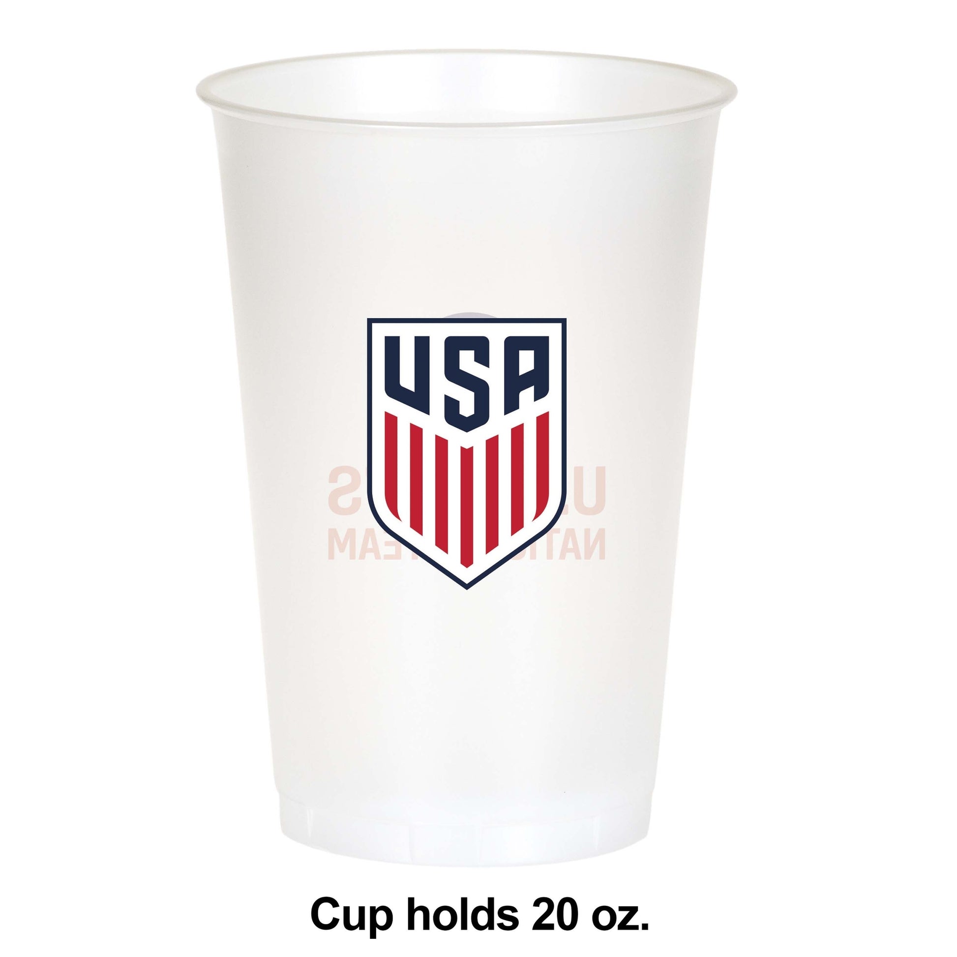 Clear plastic cup with USA logo on a white background and cup volume capacity listed