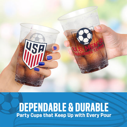 Two hands holding U.S. Men's National Team-themed party cups with a blurred background and 'Dependable & Durable party cups that keep up with every pour' text.