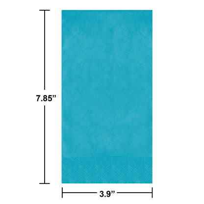 Turquoise paper napkin with dimensions labeled on a white background