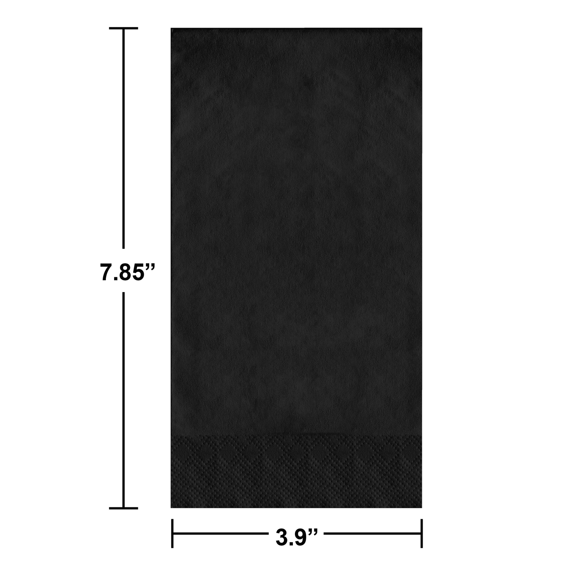 Black paper napkin with pin emboss pattern with dimensions labeled on a white background