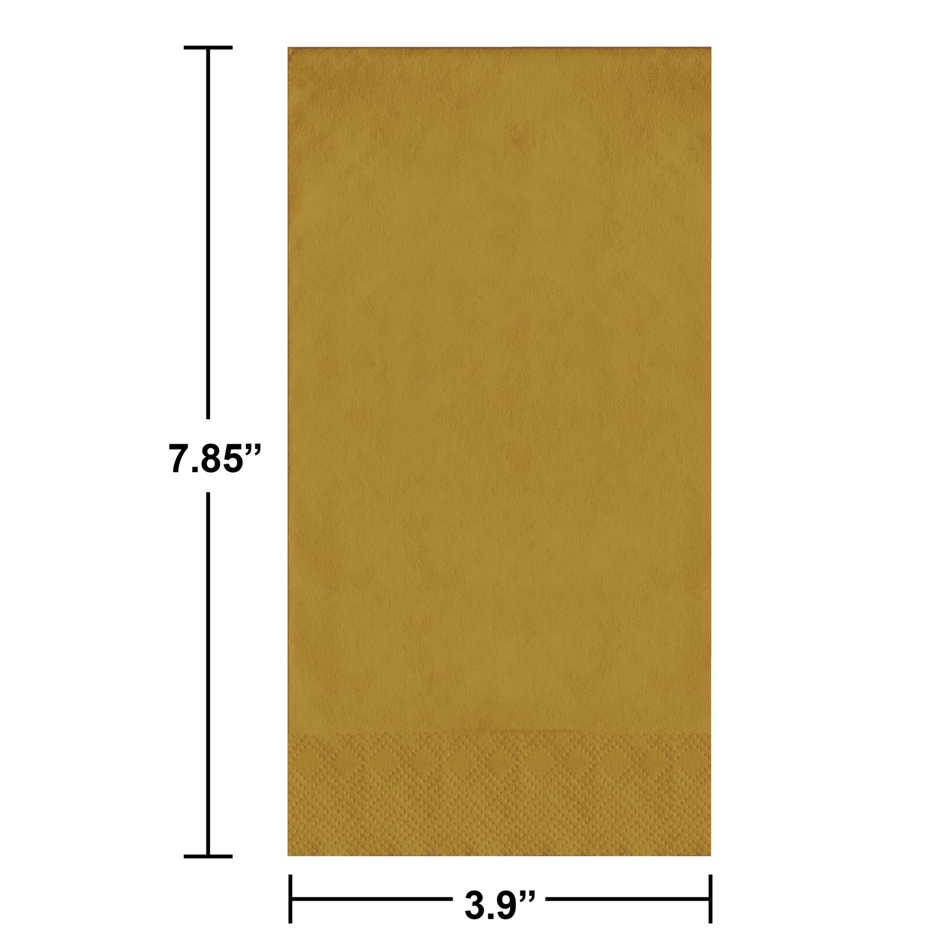 Gold guest towels with dimensions labeled on a white background