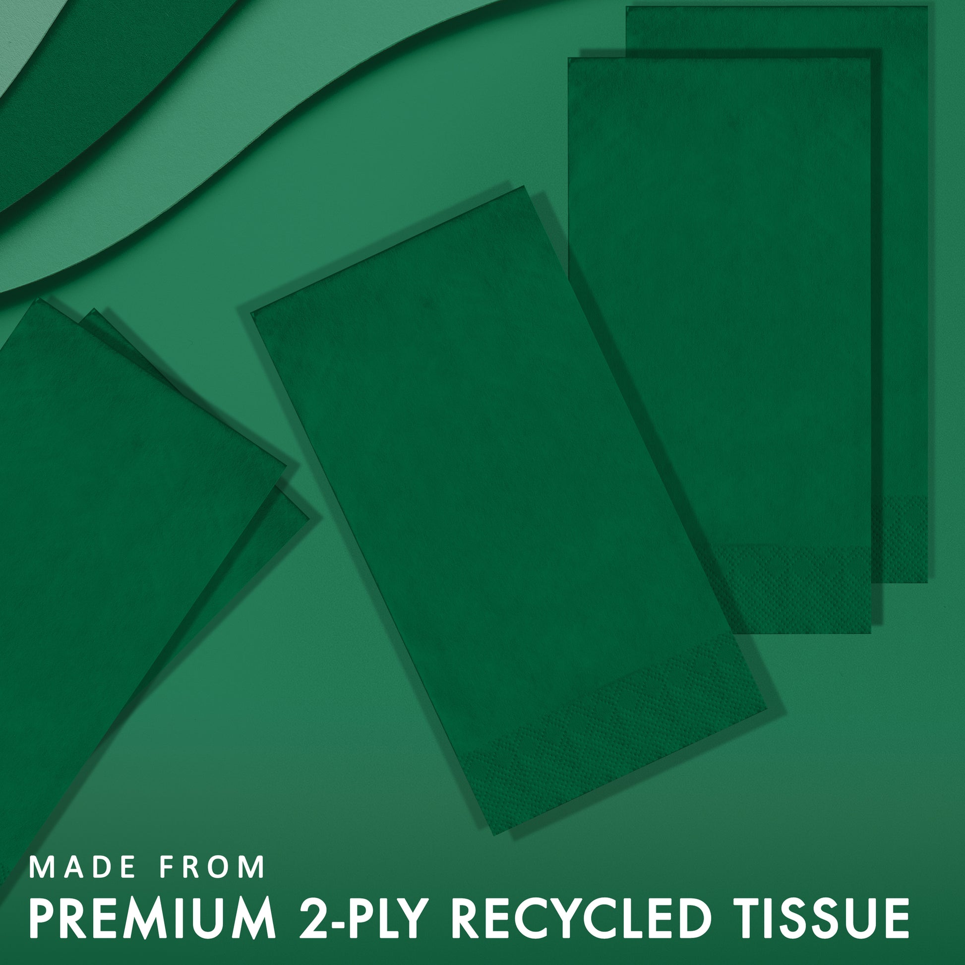 Green napkins on a green background with text 'Made from Premium 2-Ply Recycled Tissue'.