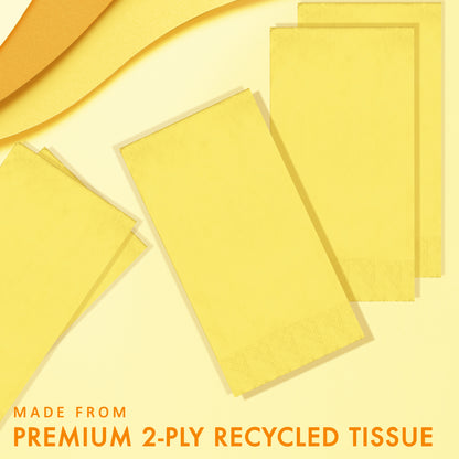 Yellow 2-ply recycled napkins on a yellow background with text.