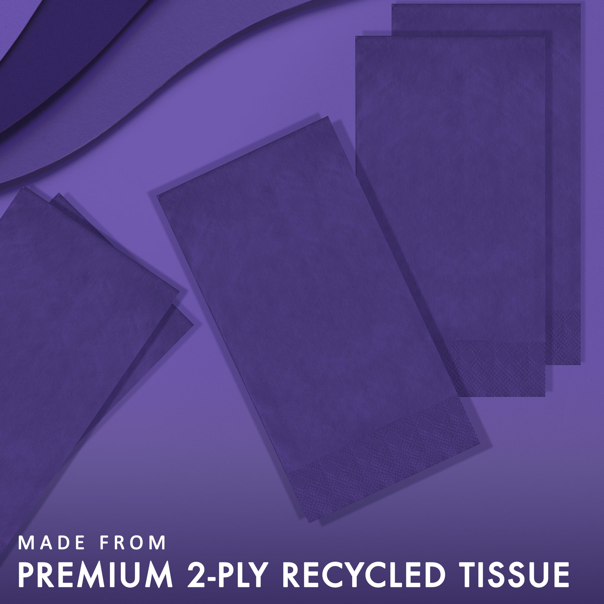 Purple paper napkins with text indicating premium 2-ply recycled tissue on a purple background