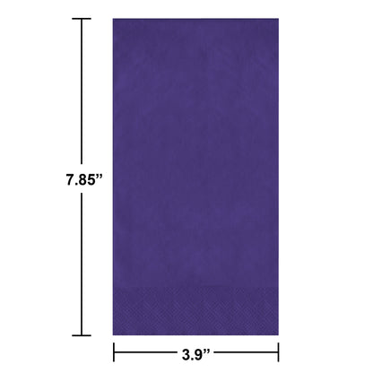 Purple guest towels on a white background. Measurements shown.