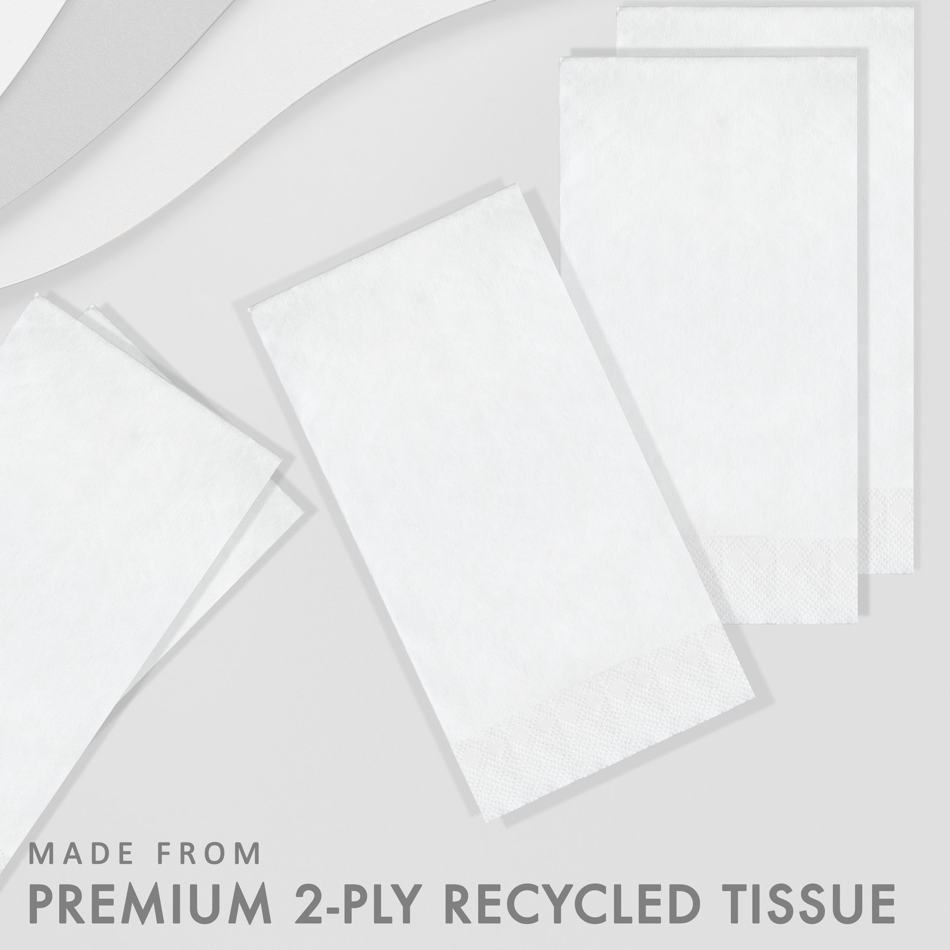 White recycled paper napkin on a light gray background with text 'Made from Premium 2-Ply Recycled Tissue'.