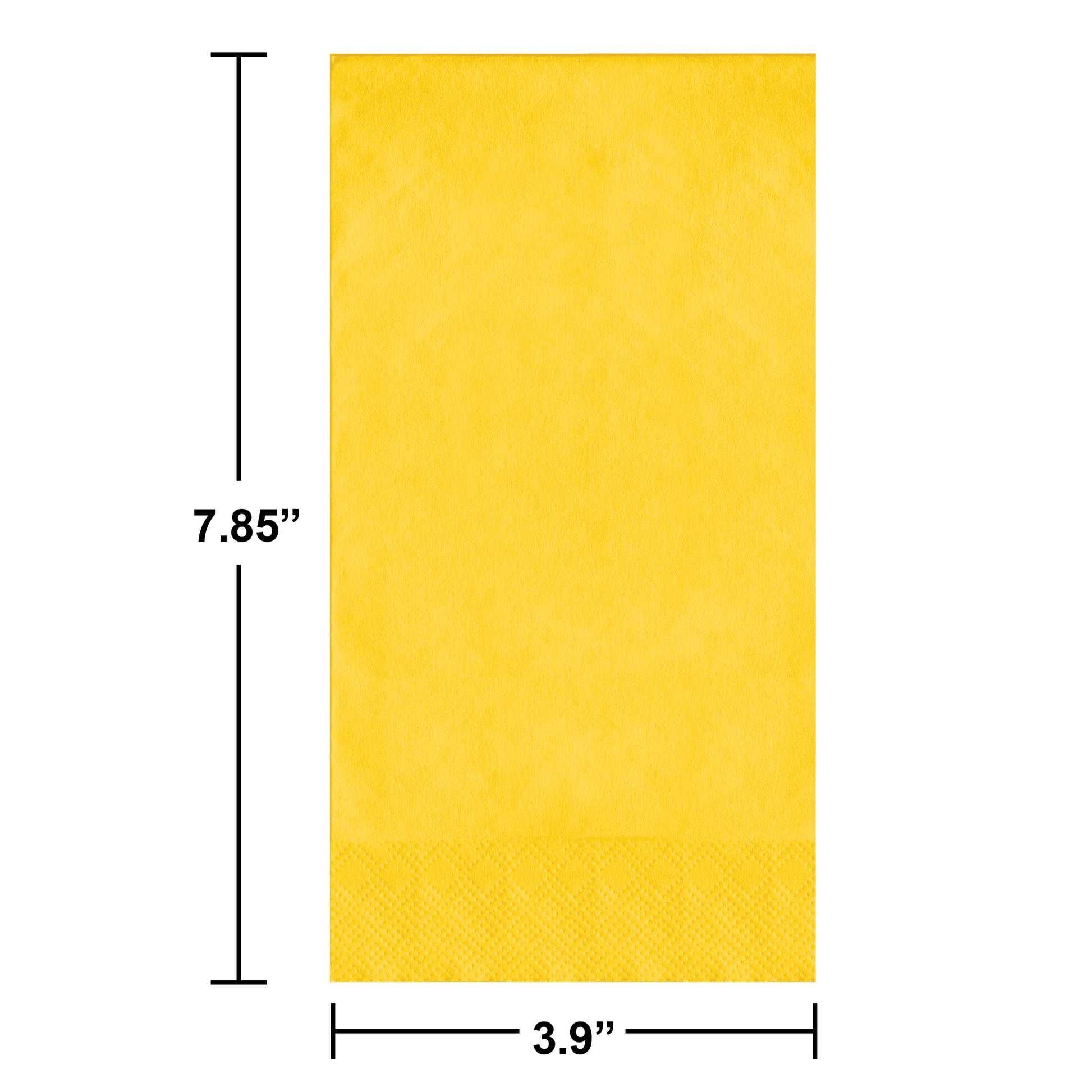Yellow paper napkin with dimensions labeled on a white background
