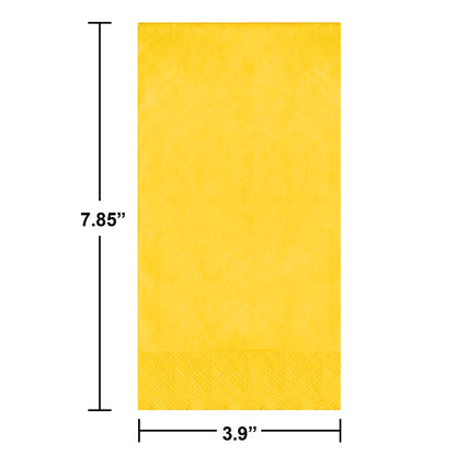 Yellow paper napkin with dimensions labeled on a white background