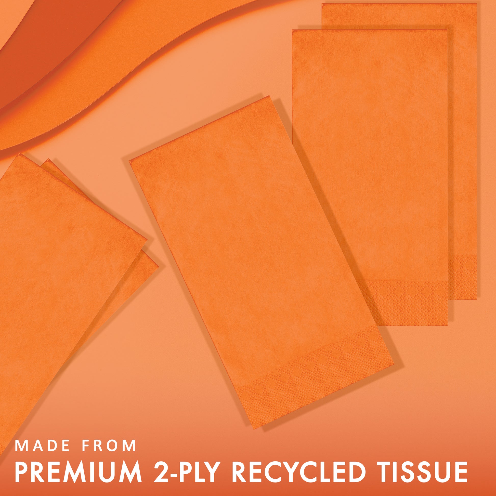 Orange paper napkins with text 'Made from premium 2-ply recycled tissue' on an orange background