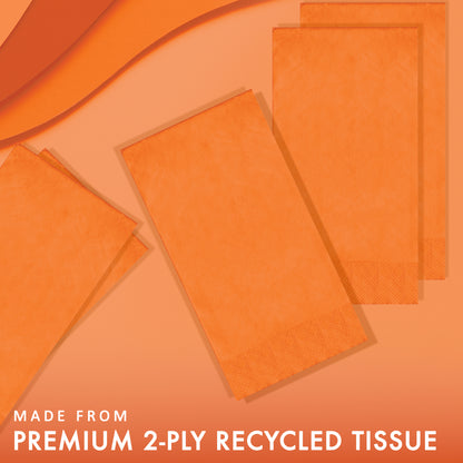 Orange paper napkins with text 'Made from premium 2-ply recycled tissue' on an orange background
