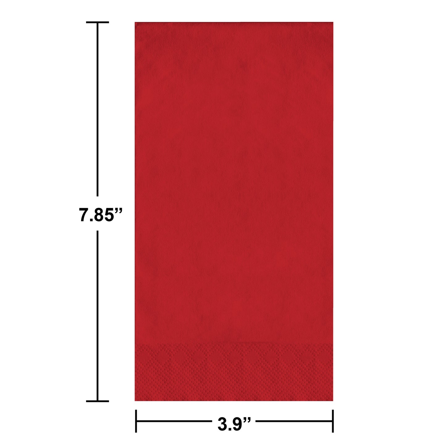 Red pin embossed guest napkins on a white background. Dimensions shown