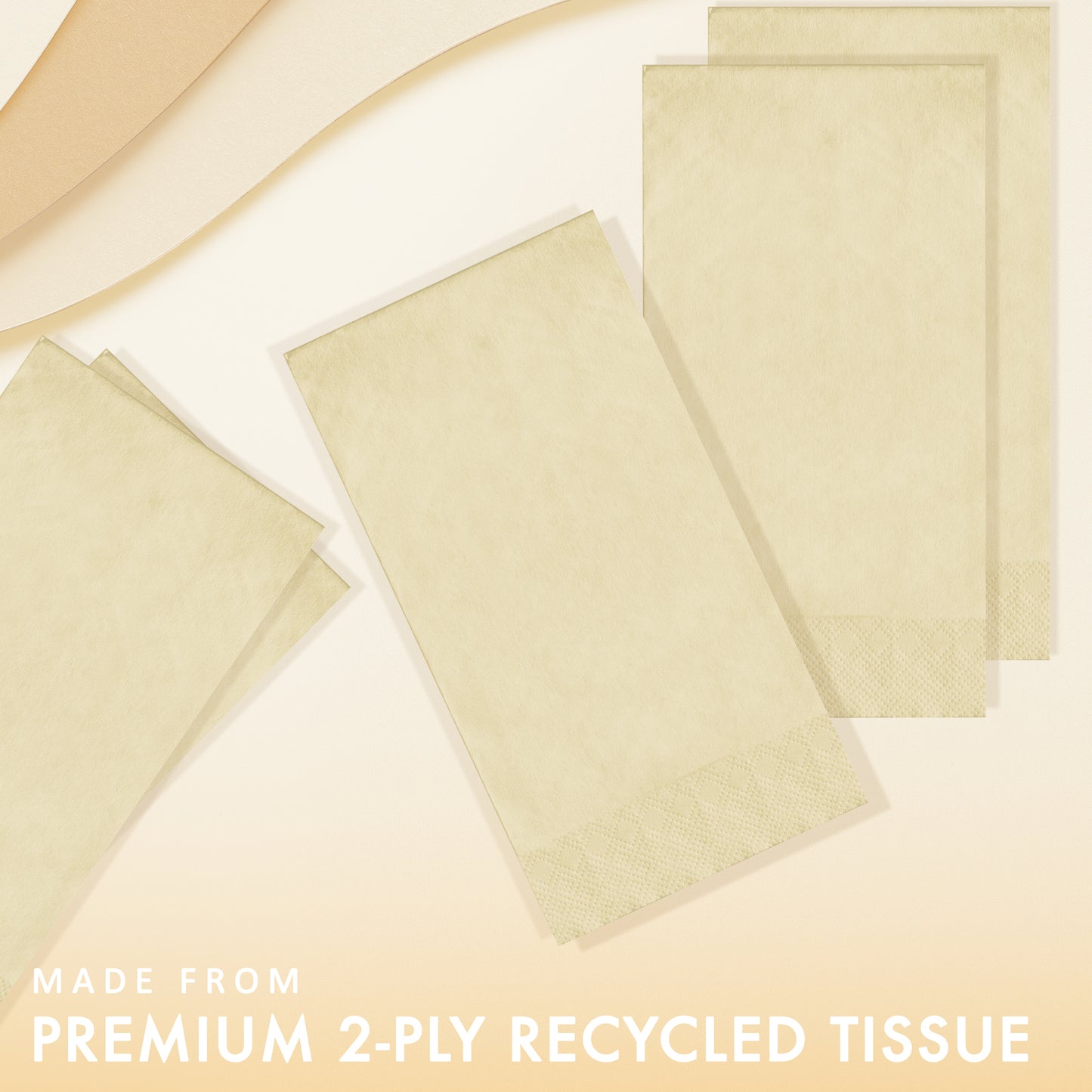Ivory pin embossed dinner napkins with "Made from premium 2-ply recycled tissue" text
