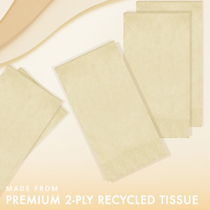Ivory pin embossed dinner napkins with "Made from premium 2-ply recycled tissue" text