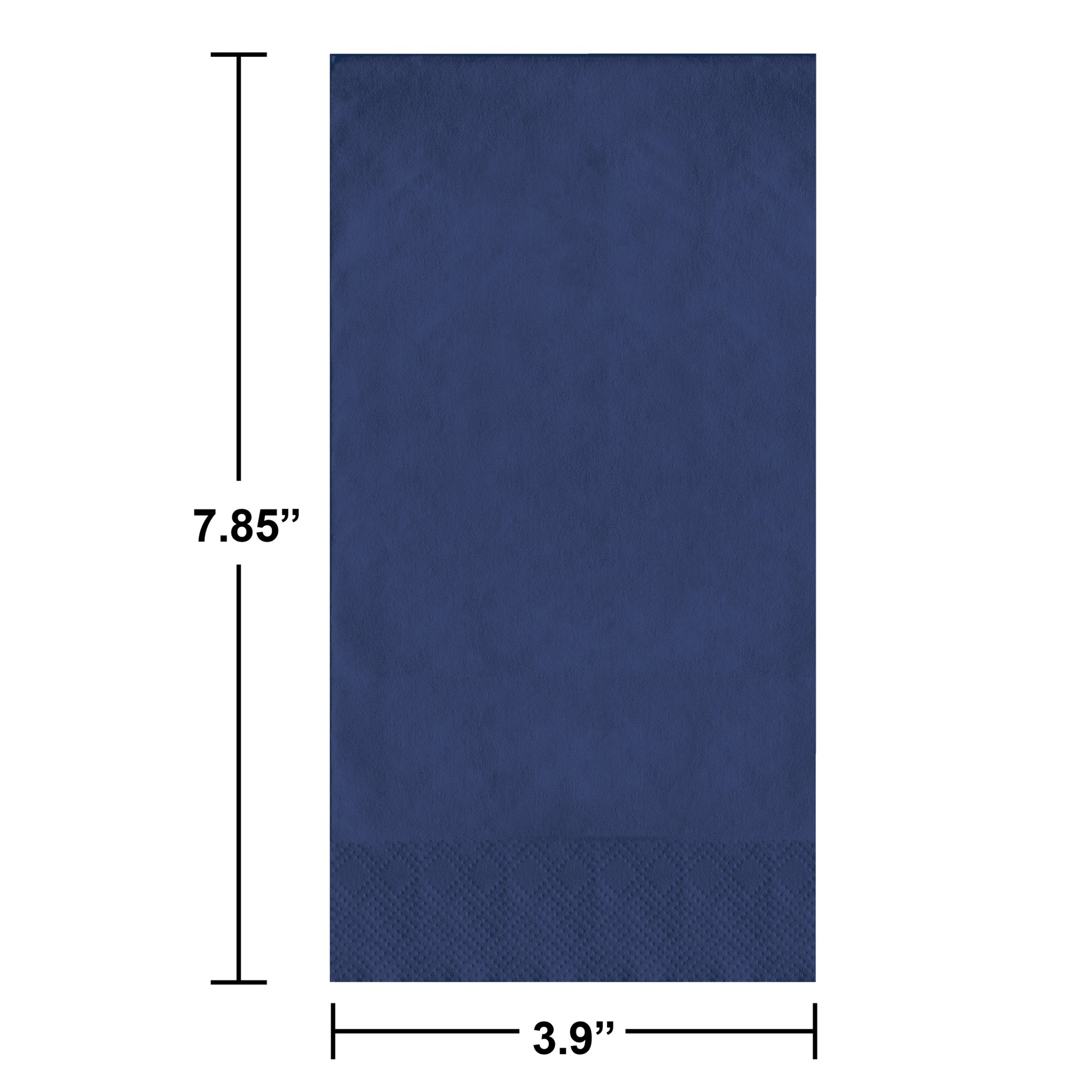 Navy blue napkin with dimensions labeled on a white background