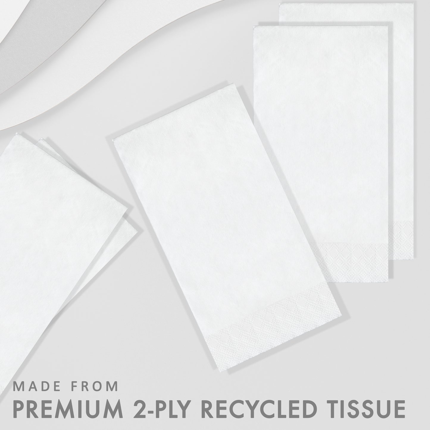 White recycled tissue paper on a light gray background with text 'Made from Premium 2-Ply Recycled Tissue'.