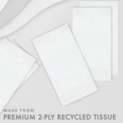 White recycled tissue paper on a light gray background with text 'Made from Premium 2-Ply Recycled Tissue'.